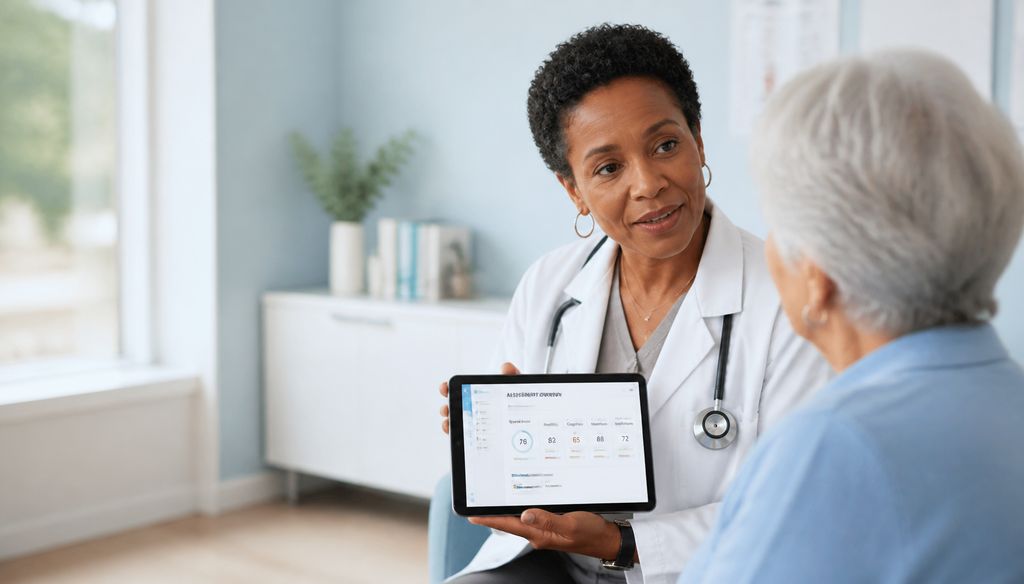 Médica em clínica geriátrica apresenta o painel de resultados da avaliação no tablet enquanto conversa com uma paciente de cabelos brancos.