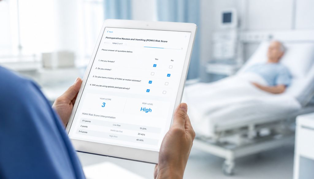 Mãos de profissional de saúde seguram um tablet com questionário clínico de múltipla escolha e a pontuação calculada, em enfermaria com paciente idoso ao fundo.