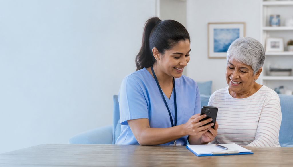 Profissional de saúde de scrubs azuis, sorrindo, registra a avaliação no celular ao lado de uma senhora idosa sentada à mesa da sala de casa.